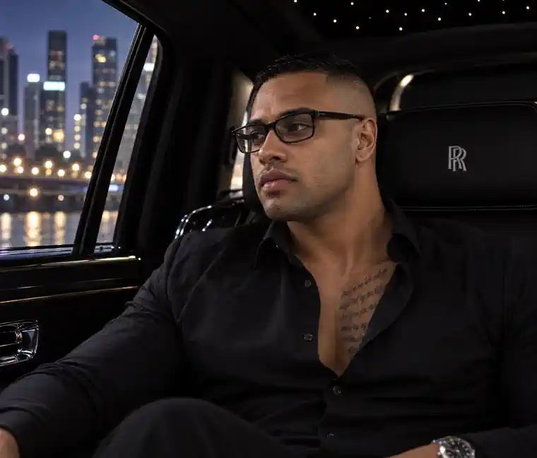 Shahriar M Hasian seated in a vehicle at night with a city skyline beyond.